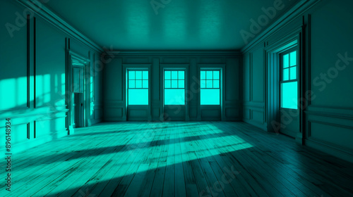 Monochromatic Turquoise Empty Room with Wooden Flooring