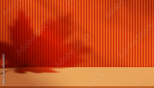 Autumn background,Fall Studio Podium Display with Shadow Leaves on orange corrugated wall,Backdrop Scene for Thanksgiving Advertising,Vector Template Platform banner for Product Sale,Promotion