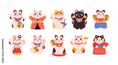 Set of cute maneki neko cats in different costumes flat style
