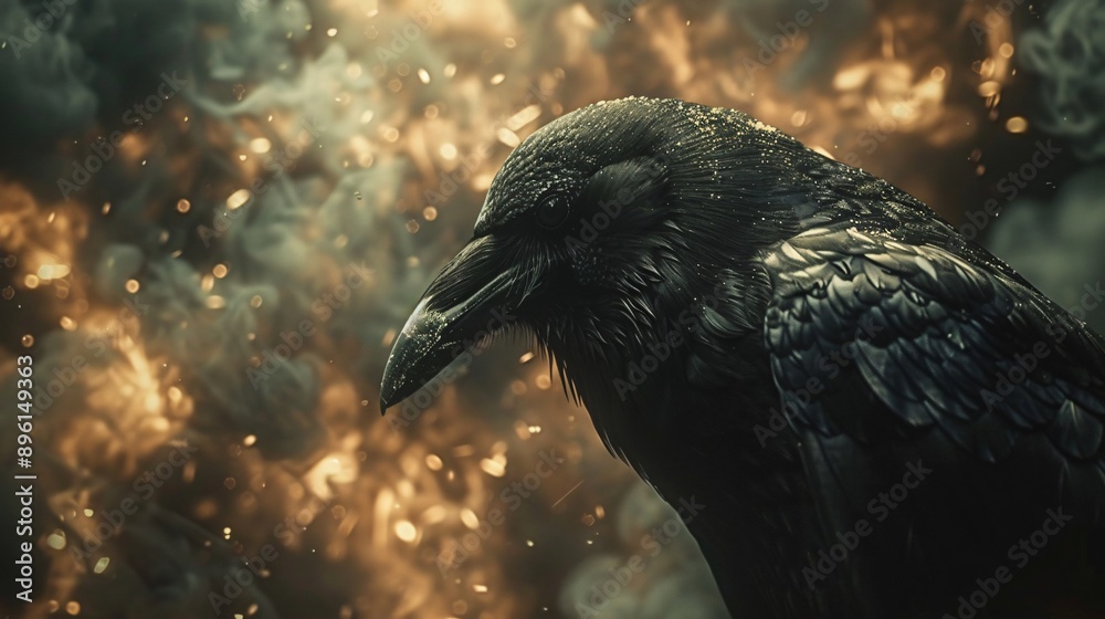 Obraz premium A single black raven stands against a backdrop of flickering fire and swirling smoke