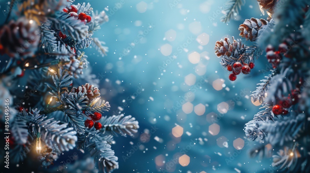 Christmas background with red berries on snowy fir branches Christmas background with red berries on snowy fir branches
