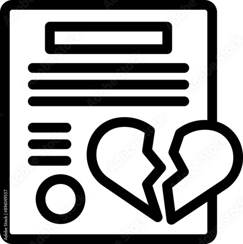 Line art icon of a divorce decree with a broken heart, symbolizing the dissolution of a marriage and the emotional pain involved