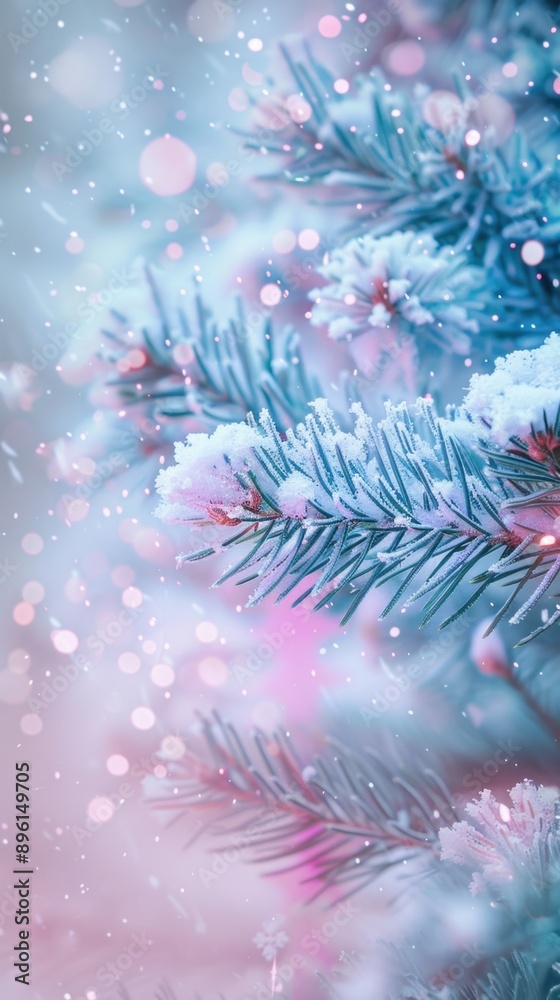 Snow falling on a pine tree branch covered in snow creating a winter wonderland Snow falling on a pine tree branch covered in snow creating a winter wonderland