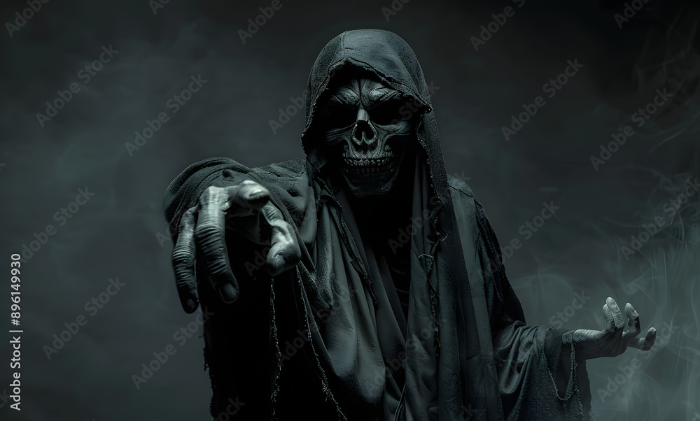 Grim reaper reaching towards the camera over dark background with copy space Grim reaper reaching towards the camera over dark background with copy space