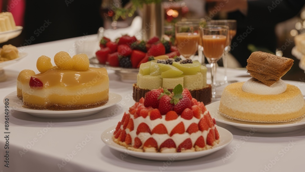 Decadent desserts including cheesecake and strawberry shortcake displayed with fresh fruits creating a visually stunning display. Decadent desserts including cheesecake and strawberry shortcake displayed with fresh fruits creating a visually stunning display.