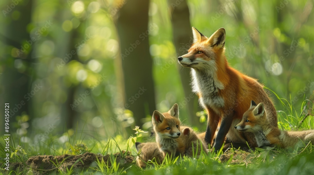 Fox Family in a Lush Green Forest Fox Family in a Lush Green Forest