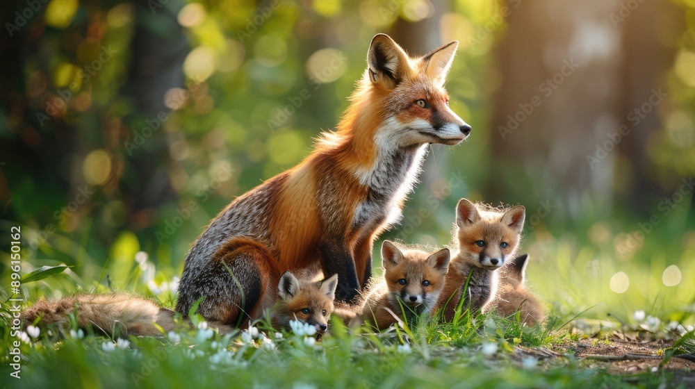 Fox Family in a Verdant Meadow Fox Family in a Verdant Meadow