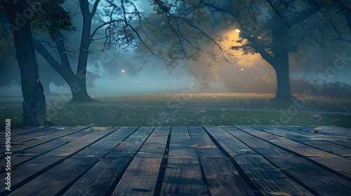 Wooden table on the background of the evening foggy park