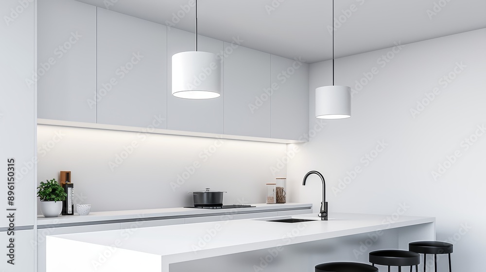 A modern kitchen with a breakfast bar, stools, and pendant lighting, with copy space, high-resolution photo, realistic photo, hyper realistic A modern kitchen with a breakfast bar, stools, and pendant lighting, with copy space, high-resolution photo, realistic photo, hyper realistic