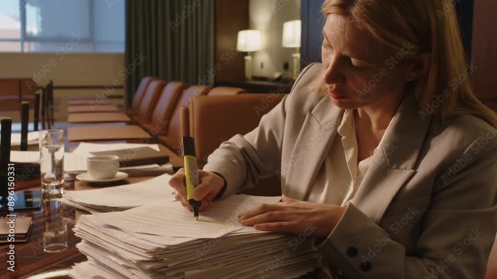 Mature business lady highlighting lines in paper on top of stack of documents with yellow textmarker while sitting at large wooden table in meeting room