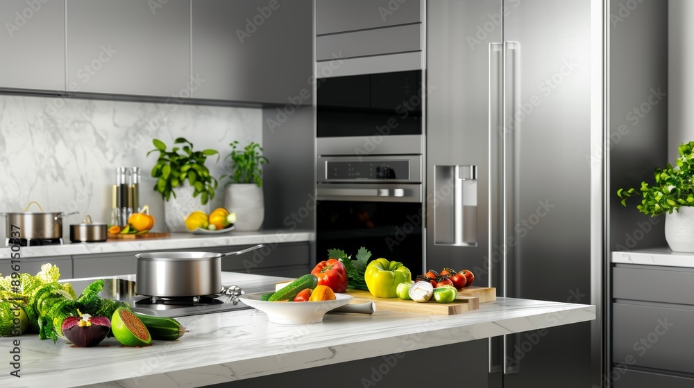 A modern kitchen with stainless steel appliances