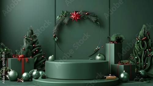 Green luxury Christmas podium. Empty platform with Christmas decoration for product presentation. 3D Rendering, 3D Illustration