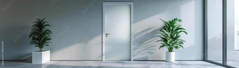 A clean, white door of a minimalist office, accented with a frosted glass insert and silver handle A clean, white door of a minimalist office, accented with a frosted glass insert and silver handle