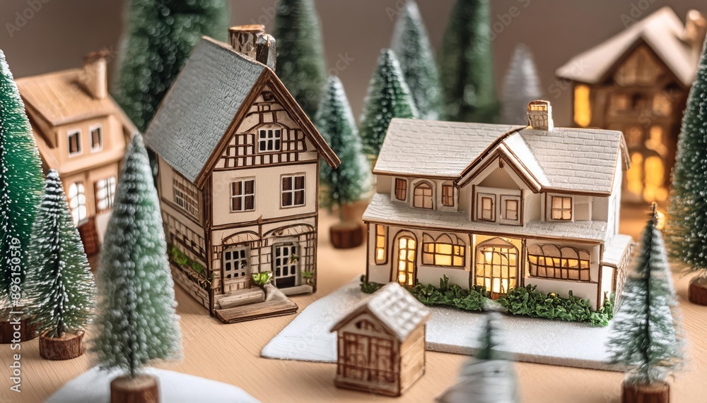 A miniature village with a warm glow emanating from the windows of its houses A miniature village with a warm glow emanating from the windows of its houses