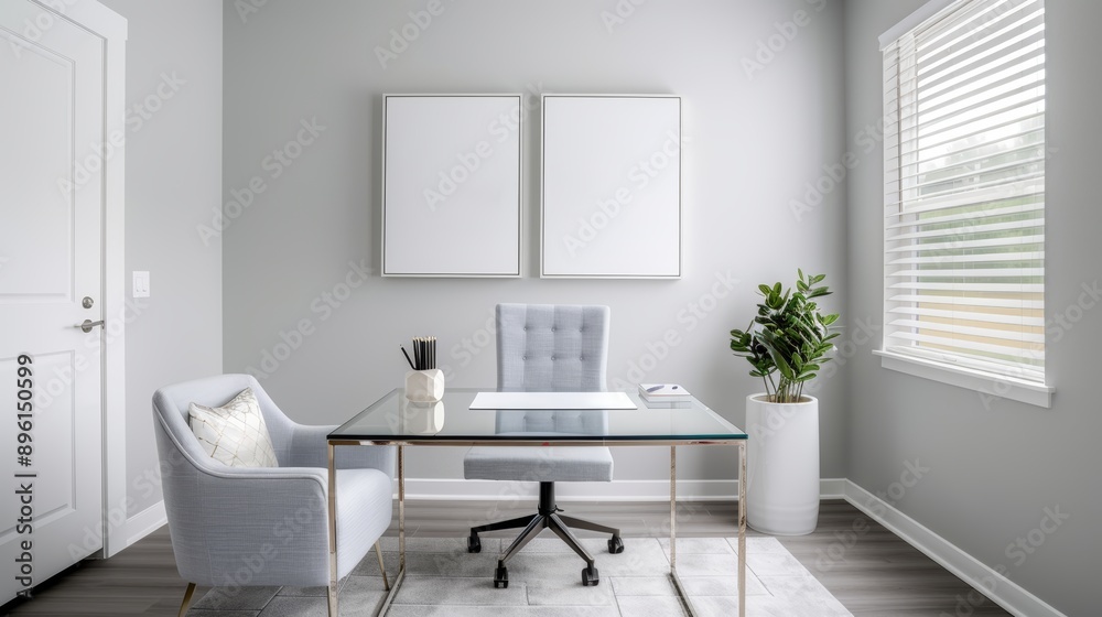 A chic home office with a glass desk, a stylish chair, and motivational wall art, with copy space, high-resolution photo, realistic photo, hyper realistic A chic home office with a glass desk, a stylish chair, and motivational wall art, with copy space, high-resolution photo, realistic photo, hyper realistic
