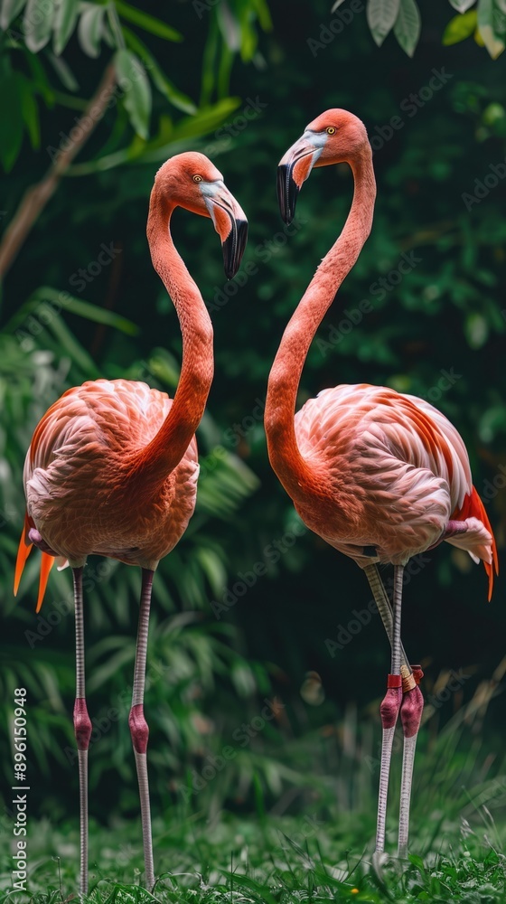 Two Pink Flamingos Facing Each Other in Lush Greenery Two Pink Flamingos Facing Each Other in Lush Greenery
