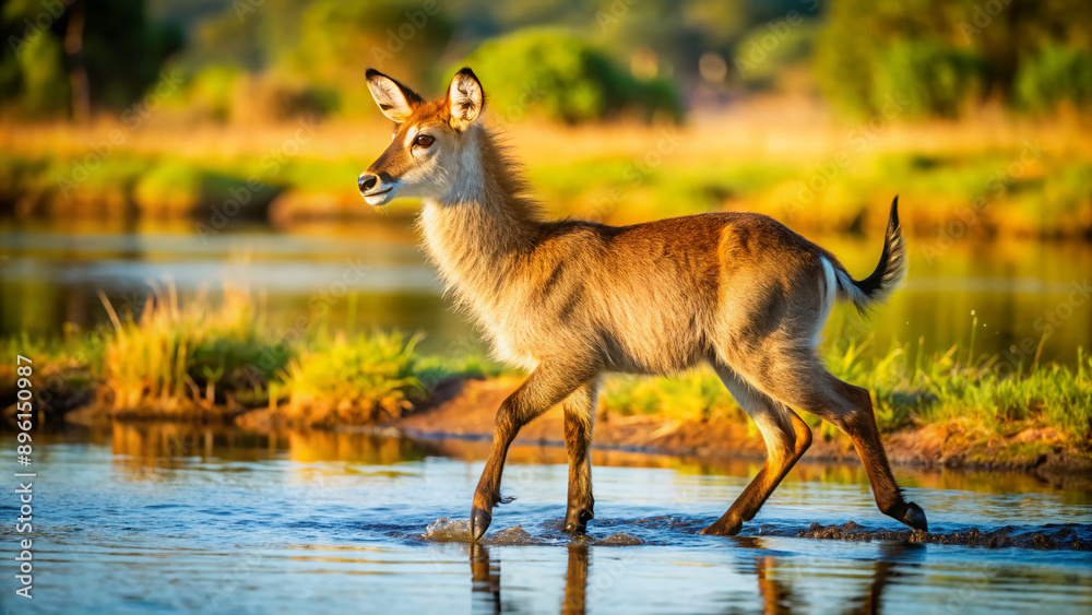 Obraz premium Adorable waterbuck calf frolics at river's edge, its spindly legs and oversized ears adding to its playful charm in a sun-drenched Africa savannah scene.