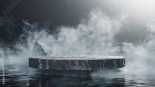 Stone pedestal podium in the water with smoke, fog, smog at the background. Stone stage for products presentation and showcase. Cinematic layout style