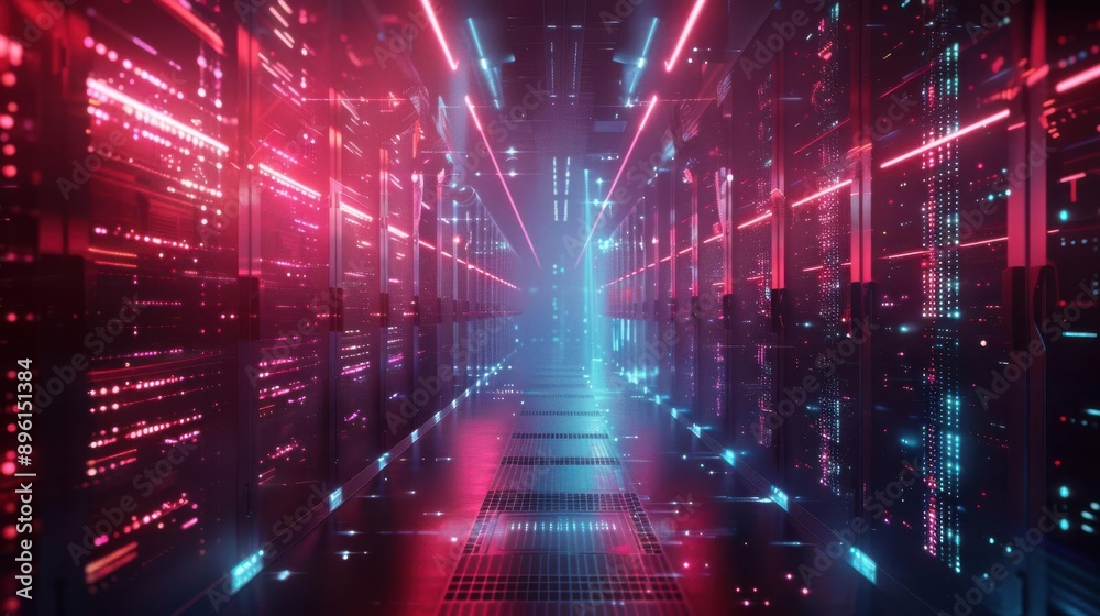 A futuristic data center featuring vibrant neon lights and a high-tech atmosphere, ideal for technology and sci-fi themes. A futuristic data center featuring vibrant neon lights and a high-tech atmosphere, ideal for technology and sci-fi themes.