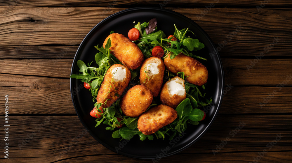 Fried croquettes with golden crust served on a bed of fresh salad greens and cherry tomatoes on a black plate. Fried croquettes with golden crust served on a bed of fresh salad greens and cherry tomatoes on a black plate.