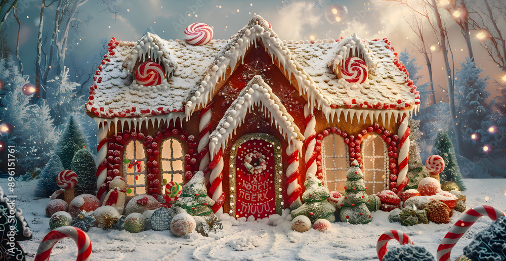 Fototapeta premium A gingerbread house with candy decorations and a wreath on the door
