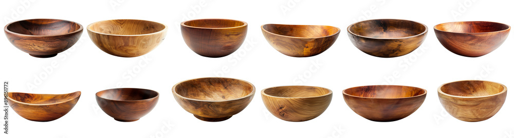 Set of empty wooden bowls or plate isolated on background, dish for serving food and contain. Set of empty wooden bowls or plate isolated on background, dish for serving food and contain.
