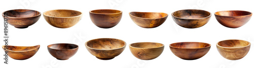 Set of empty wooden bowls or plate isolated on background, dish for serving food and contain.