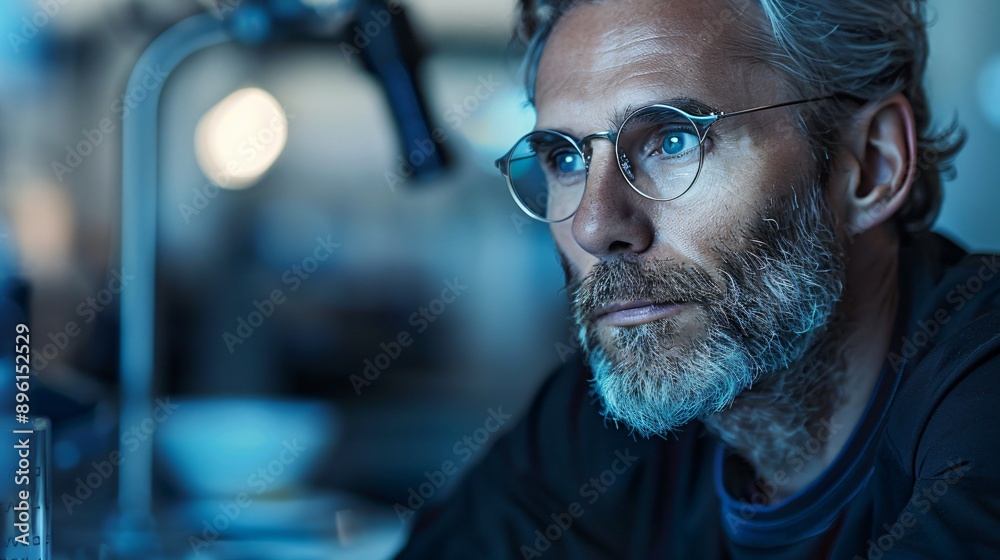A man with gray hair and a beard looks to the right, wearing glasses A man with gray hair and a beard looks to the right, wearing glasses