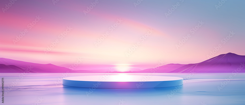 Elegant product display on a sleek podium stand, illuminated by soft sunset light on the beach, cinematic angle, vibrant colors, detailed textures, tranquil background Elegant product display on a sleek podium stand, illuminated by soft sunset light on the beach, cinematic angle, vibrant colors, detailed textures, tranquil background