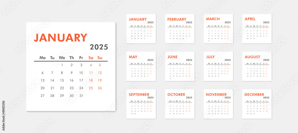 Vector modern classic calendar for 2025 year. Week starts on Monday. Desk or wall calendar in minimalist style Vector modern classic calendar for 2025 year. Week starts on Monday. Desk or wall calendar in minimalist style