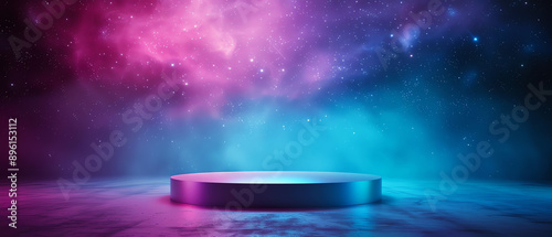 Elegant product display on podium stand, starry night, gentle starlight, wide angle, cosmic backdrop, glowing horizon, intricate details, peaceful atmosphere