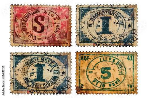 A collection of vintage stamps featuring unique designs, colors, and symbolic representations from past eras.