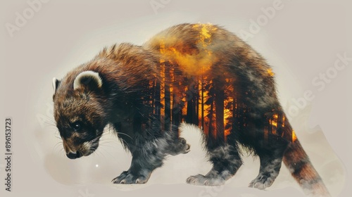 Fantastic image of a wolverine with a double exposure effect, looks like burning in fire