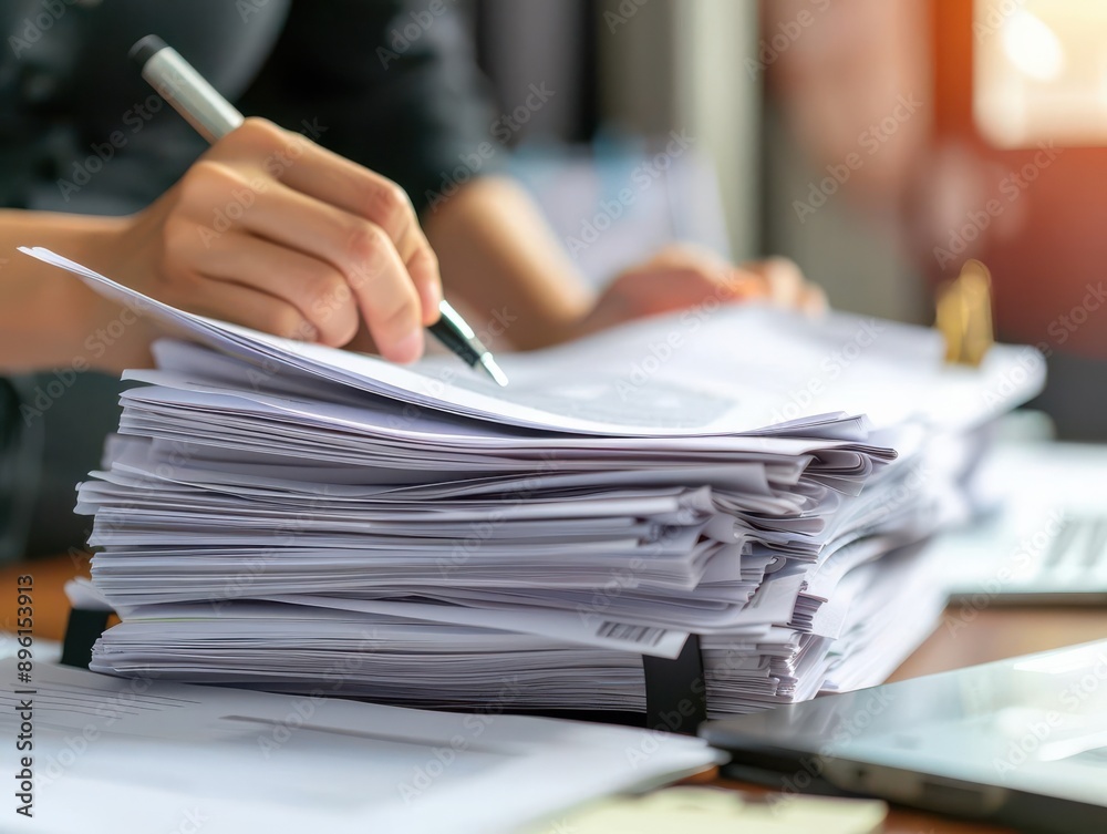 A person reviewing documents at a desk, surrounded by stacks of paperwork, showcasing organization and professionalism. A person reviewing documents at a desk, surrounded by stacks of paperwork, showcasing organization and professionalism.