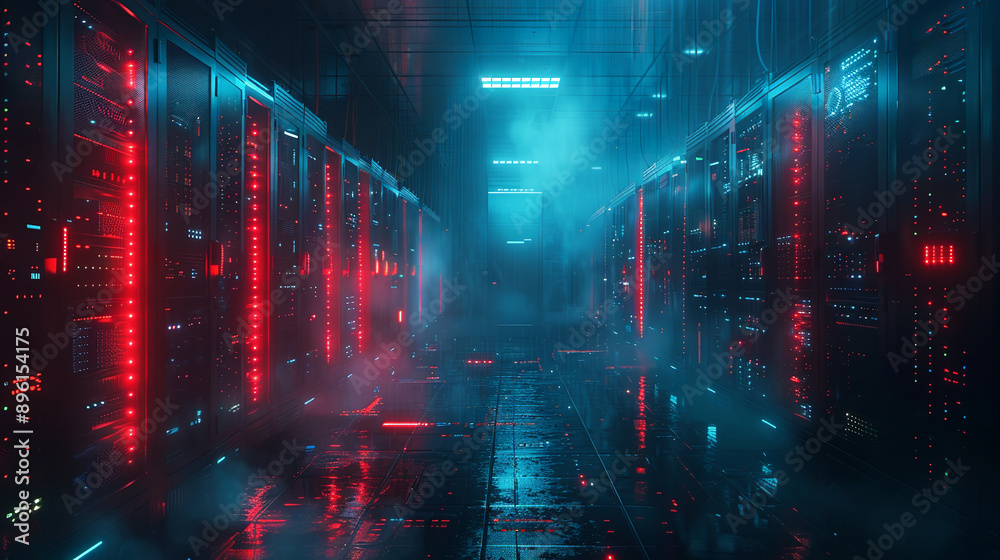 Naklejka premium Server room with glowing red lights is housed in a futuristic spaceship corridor