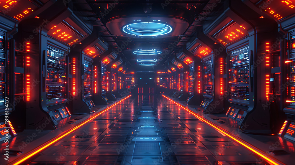 Fototapeta premium Server room with glowing red lights is housed in a futuristic spaceship corridor