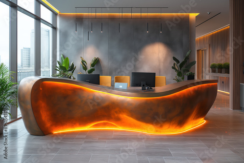 Modern office reception desk illuminated with warm light emitting a welcoming ambiance photo