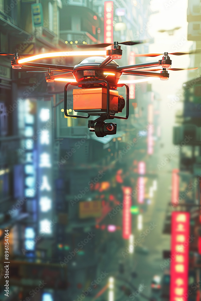Delivery drone flying over a busy city street with neon signs, showcasing futuristic logistics and urban delivery solutions Delivery drone flying over a busy city street with neon signs, showcasing futuristic logistics and urban delivery solutions