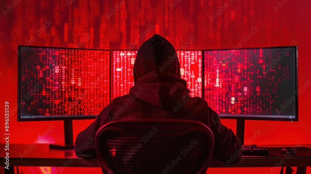 Mysterious figure in a hoodie working on multiple screens with red digital visuals, representing data analysis and cybersecurity. Mysterious figure in a hoodie working on multiple screens with red digital visuals, representing data analysis and cybersecurity.