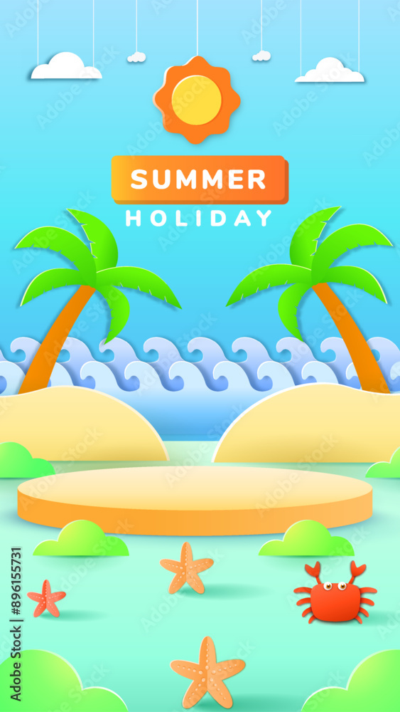 Obraz premium Vertical Summer holiday podium with paper cut style symbols and icons for greeting cards. Invitation background. Ideal for advertising, banners, cards, stickers and greeting card.