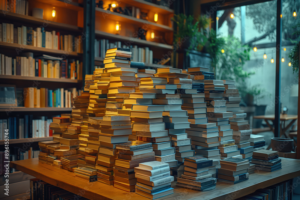 Stack of books forming a mountain of knowledge in a cozy bookshop Stack of books forming a mountain of knowledge in a cozy bookshop