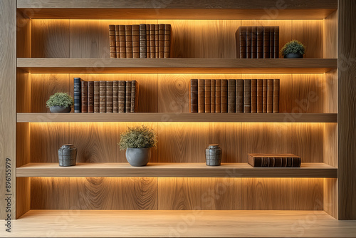 Modern wooden bookshelf displaying antique books and plants