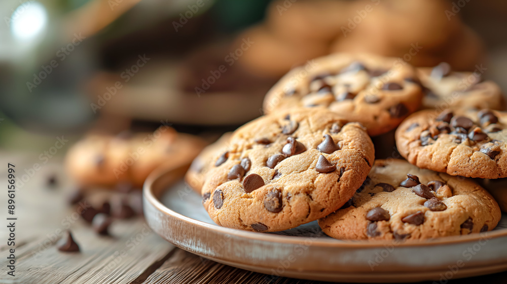 a rustic wooden table with a plate of freshly baked chocolate chip cookies, captured with soft side lighting a rustic wooden table with a plate of freshly baked chocolate chip cookies, captured with soft side lighting