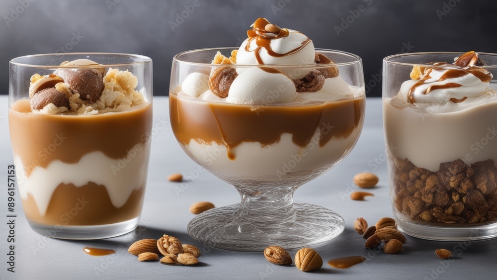 Three unique ice cream sundaes tall glass with whipped cream & nuts shorter glass with toppings and bowl with spoon elegantly displayed. Three unique ice cream sundaes tall glass with whipped cream & nuts shorter glass with toppings and bowl with spoon elegantly displayed.