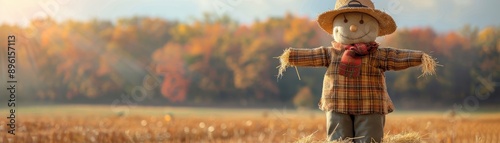 Autumn landscape with a scarecrow in a field. Golden fields and colorful trees in the background embody the essence of fall. © Kanin