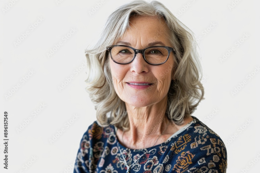 A woman wearing glasses and a floral shirt, ideal for use in everyday situations, such as work or school A woman wearing glasses and a floral shirt, ideal for use in everyday situations, such as work or school