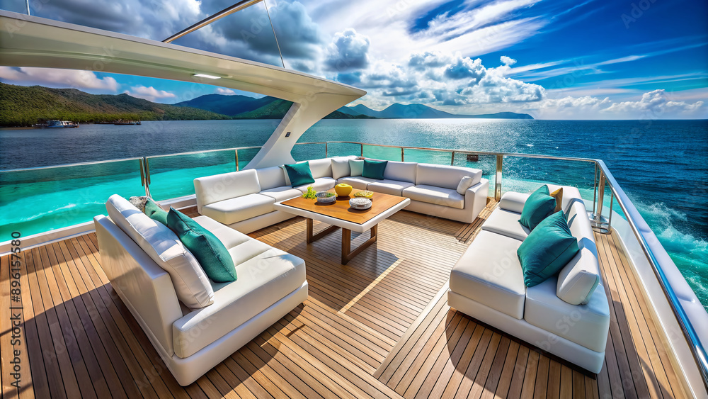Fototapeta premium Sleek yacht deck adorned with elegant white furniture, sailing through turquoise waters, capturing the essence of luxury travel and romantic getaways.