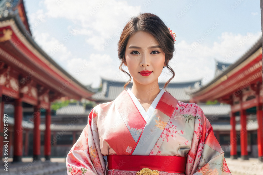Timeless Elegance: Asian Woman in Kimono Poses Before Historic Temple. Asian Woman Embraces Heritage in Traditional Attire. generative AI Timeless Elegance: Asian Woman in Kimono Poses Before Historic Temple. Asian Woman Embraces Heritage in Traditional Attire. generative AI