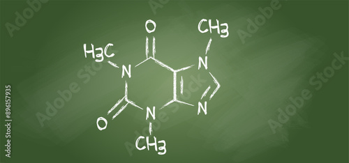 Coffee, caffeine chemical structure, C8H10N4O2. Structural formulas cell, cells molecules membranes atom atomic. Balance coffee concept. Line pattern. Caffain formula molecule. Atom concept.
