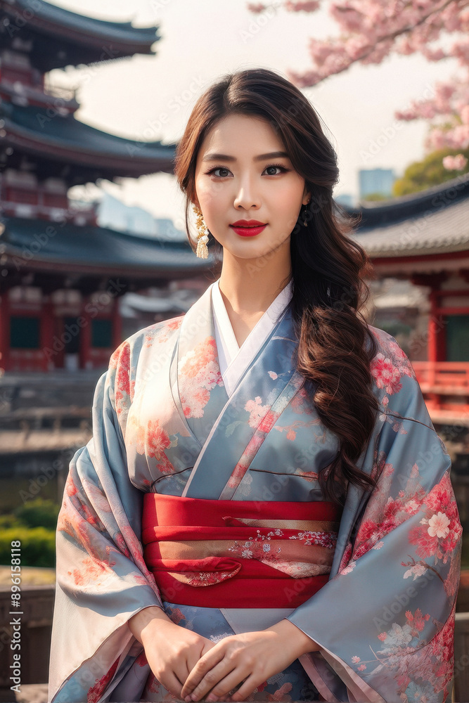 Timeless Elegance: Asian Woman in Kimono Poses Before Historic Temple. Asian Woman Embraces Heritage in Traditional Attire. generative AI Timeless Elegance: Asian Woman in Kimono Poses Before Historic Temple. Asian Woman Embraces Heritage in Traditional Attire. generative AI